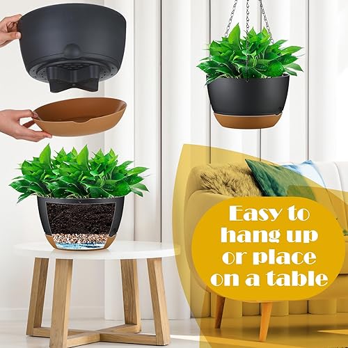 Miniatura 4 de Remerry Juego de 6 macetas colgantes de 11.2 pulgadas para plantas de interior y exterior, juego de macetas colgantes de plástico con agujeros de