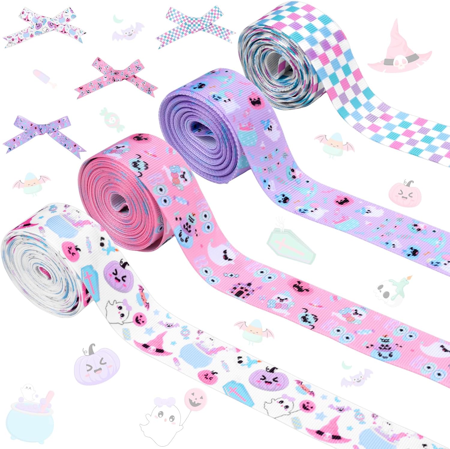 Halloween Grosgrain Ribbon Pastel for Wrapping Gifts 4 Rolls 20 Yards Ghost Boo Fabric Ribbon for Spooky Birthday Baby Shower Boo Day Supply DIY Craft Wrapping Wreath Bow Decorative Ribbon