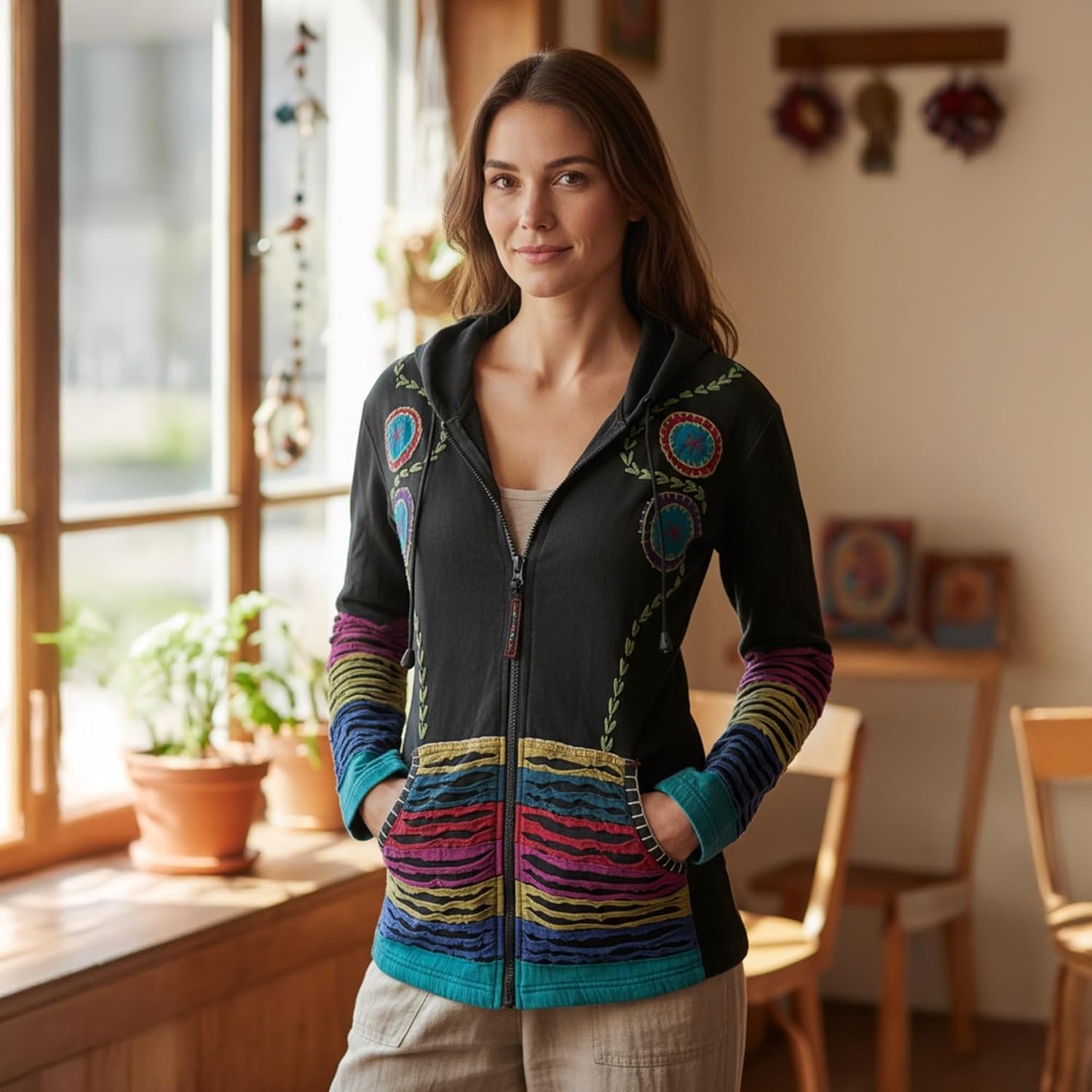 Agan Traders 2026 Boho Zip Up Jackets for Women - Tie Dye Patched Distressed Lightweight Women's Hoodie Sweatshirts - Image 6