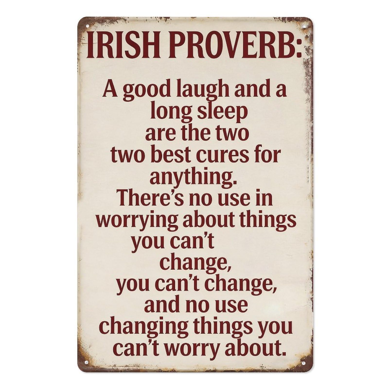 peiyeety Metal Tin Sign 8x12 Inch – Irish Proverb A Good Laugh and Long Sleep Inspirational Quote Wall Decor Vintage Rustic Wall Art Plaque
