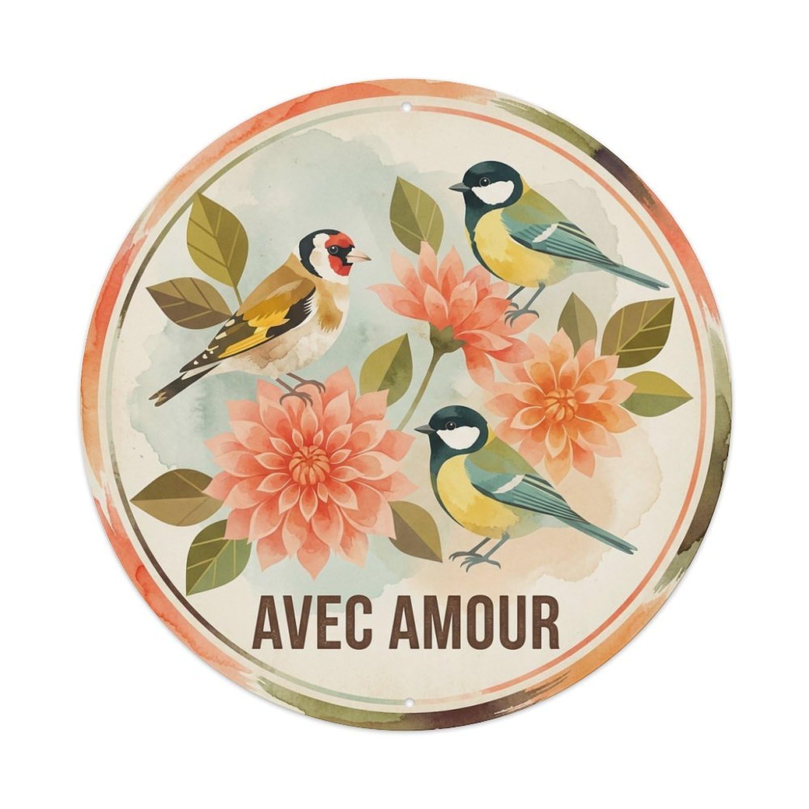 Dahlia Sprig Avec Amour Watercolor Bird Slogan Metal Tin Sign