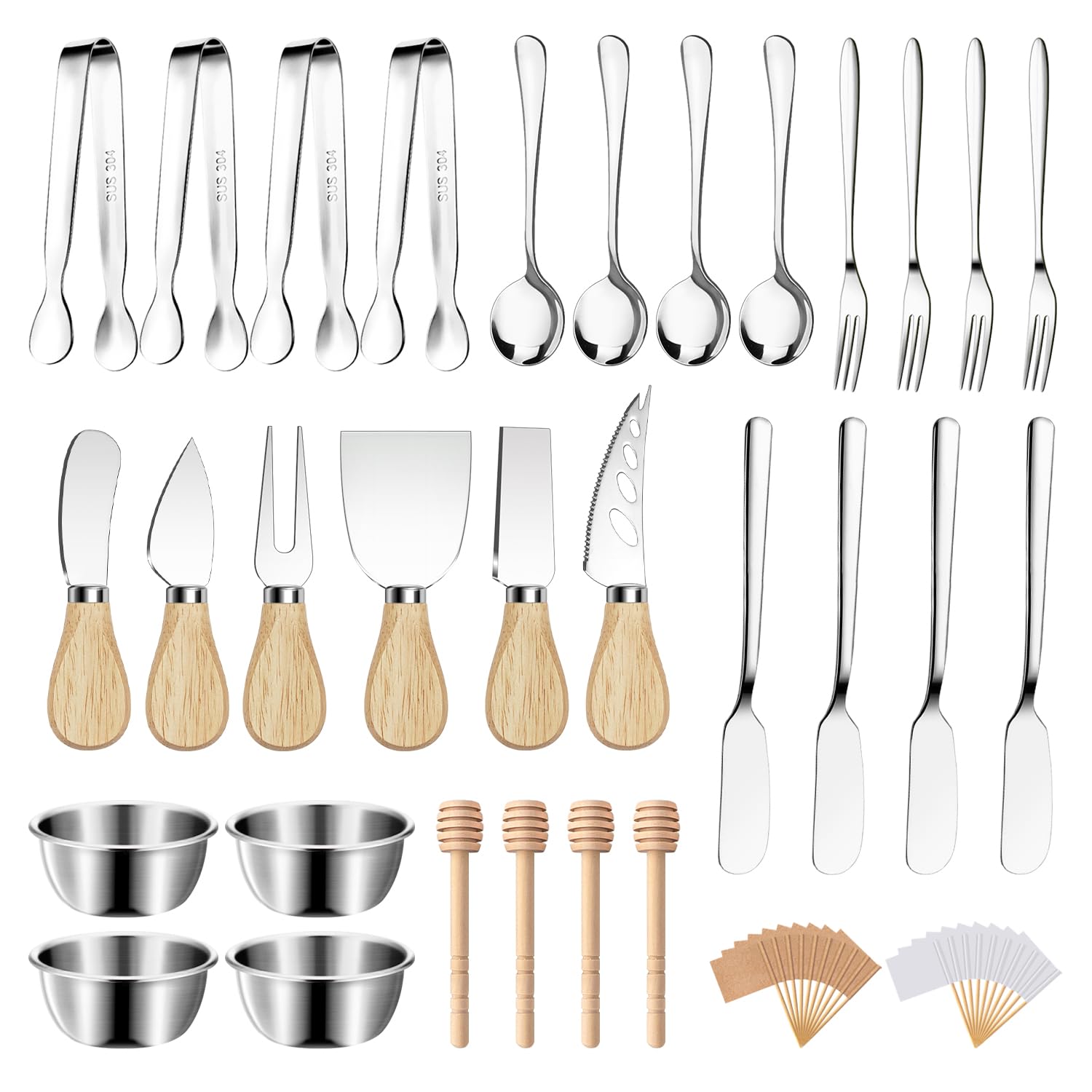 Juego de cuchillos esparcidores de mantequilla de queso y utensilios para charcutería, tenedores y cucharas, cuencos de inmersión, cucharas, palillos de miel, banderas de palillos de dientes para