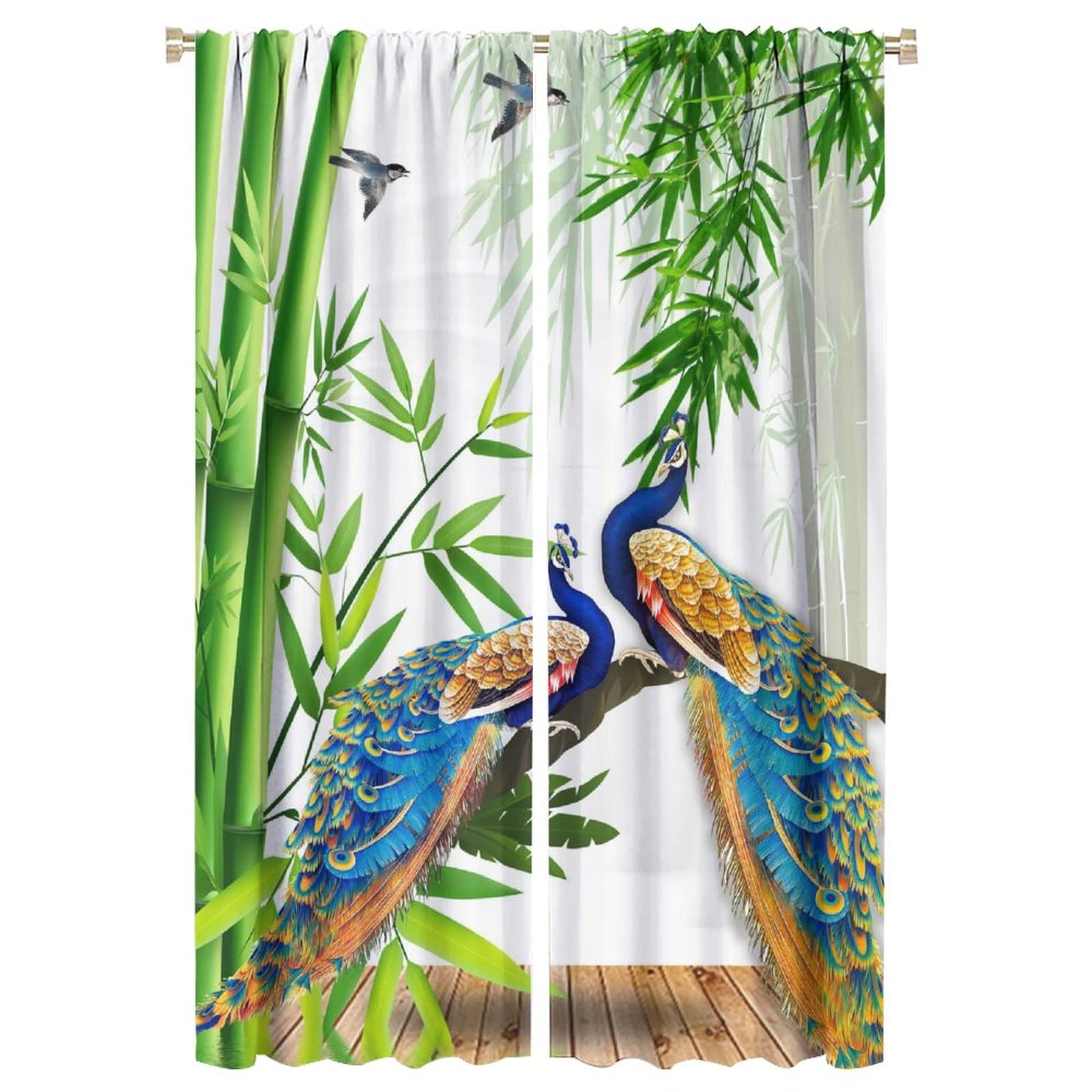Peacock Landscape Curtains, Beautiful Peacock Nature Bamboo Forest Scenery Background 2 Panel Set, 42x63in