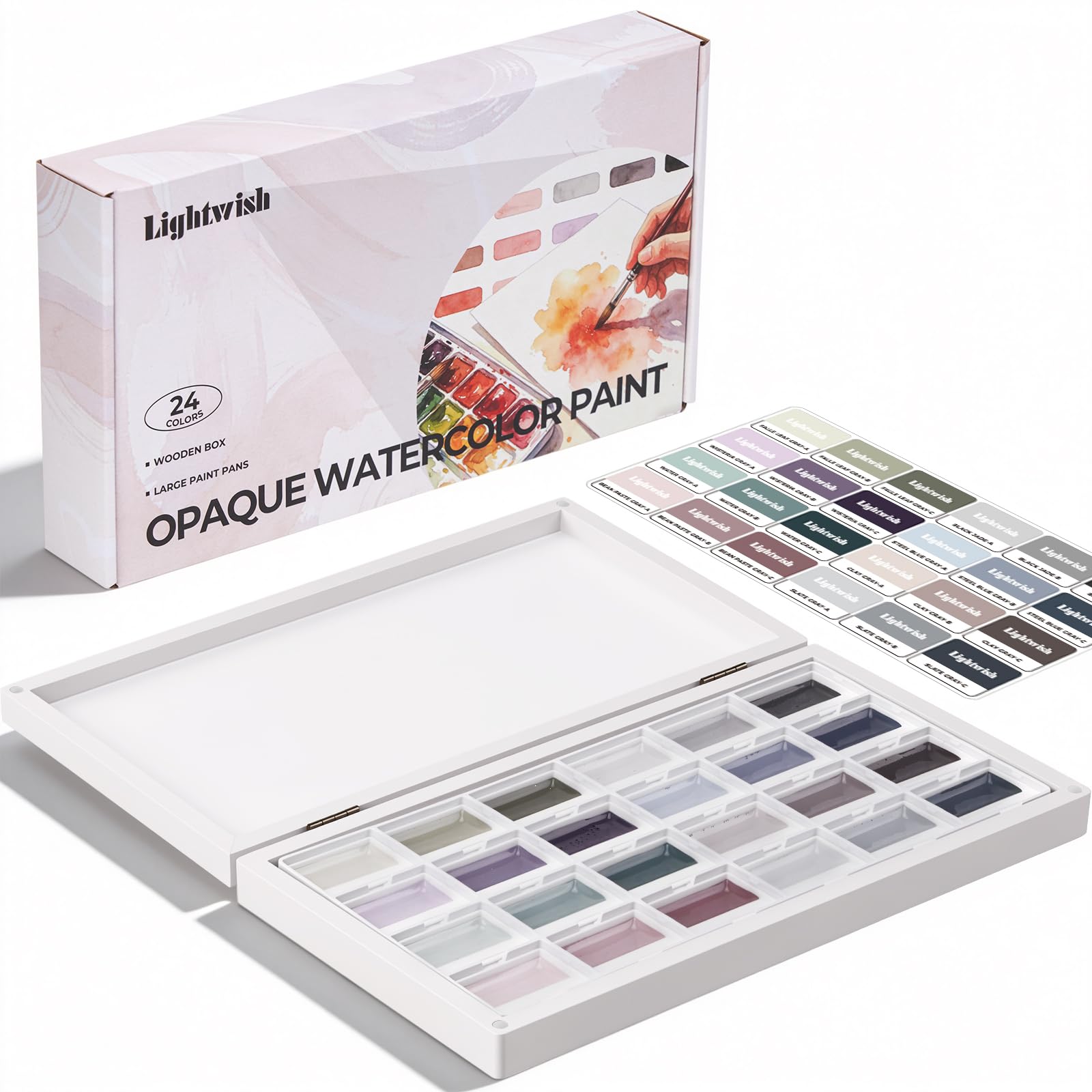 LIGHTWISH Aquarellfarben, 24 Farben, in Holzbox mit Mischpalette, Undurchsichtig, Professionelles Aquarell Set, starke Deckkraft, intensive matte Farben, perfekt zum Malen für Anfänger und Profis