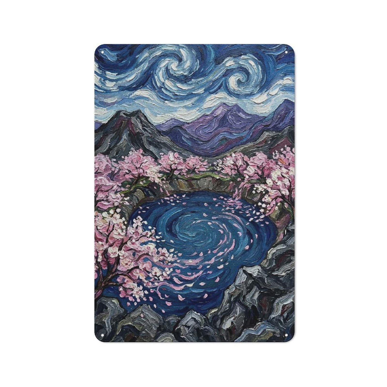 Junmoney Style-24 Tin Wall Plaque 30X20cm With Cherry Blossom Pond Impressionistic Painting For Guest Room Or Hallway, A Decorative Christmas Gift For Home Decor Collectors