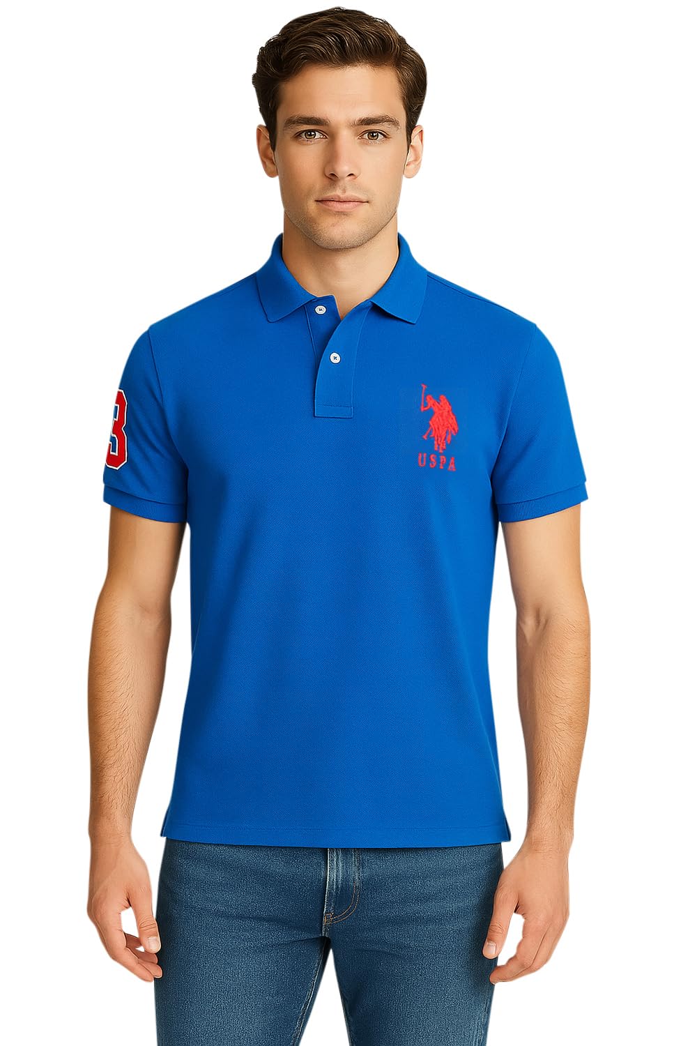U.s. Polo Assn. Men's Blue Raft/Engine Red Slim Fit Solid Polo Shirt, Xxl