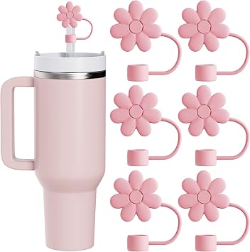 6Pcs Cute Flower Straw Covers Cap for Stanley Cup Accessories, 10mm Silicone Drinking Straw Toppers Compatible with Stanley 30&40 Oz Tumbler Cups Pink