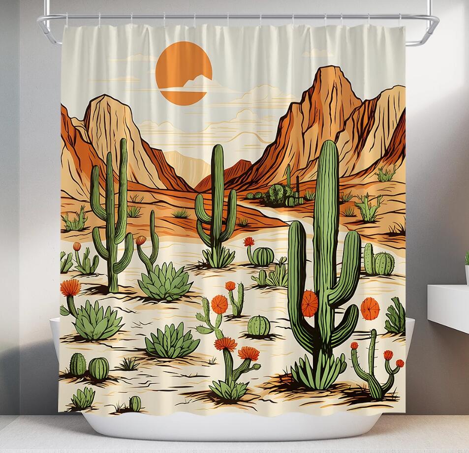 Tenda Da Doccia Western Con Cactus E Montagne - Stile Azteco E Navajo, Tessuto Poliestere Con Ganci, Decorazione Bagno Etnica, 180x180 Cm