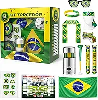 Kit Torcedor Brasil Copa do Mundo 2026 Completo 12 Peças – Bandeira 150x90cm, Corneta Retrátil, Pintura Facial, Tatuagem, Óculos, Pulseira, Bastões – Ideal para Festas e Churrasco
