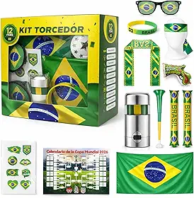 Kit Torcedor Brasil Copa do Mundo 2026 Completo 12 Peças – Bandeira 150x90cm, Corneta Retrátil, Pintura Facial, Tatuagem, Óculos, Pulseira, Bastões – Ideal para Festas e Churrasco
