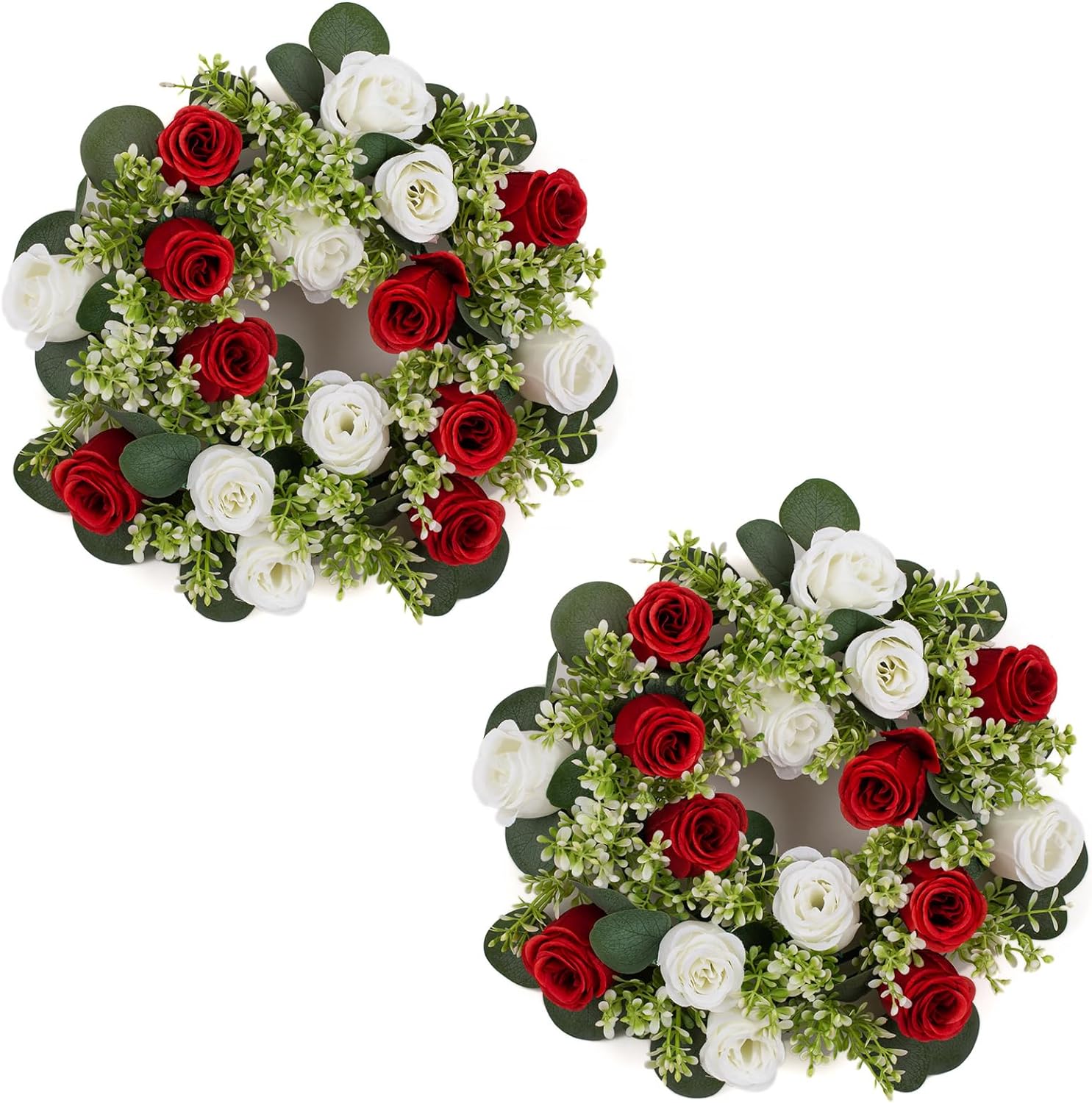 NUPTIO Candle Rings Wreaths Centerpieces: 13.4 Inch Crimson & White Flower Rose Wreath for Wedding Party Christmas Table Decorations - Spring Summer Front Door Porch Decor 2 Pcs Dia 13.4"-2pcs Crimson & White