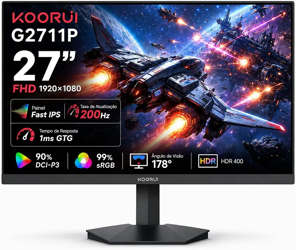 Monitor Gamer Koorui 27" Fast IPS 200Hz Full HD 1ms HDR400 Bivolt HDMI DisplayPort Tela Plana Antirreflexo Moldura Fina VESA Ideal para PC Gamer PS5 e Xbox