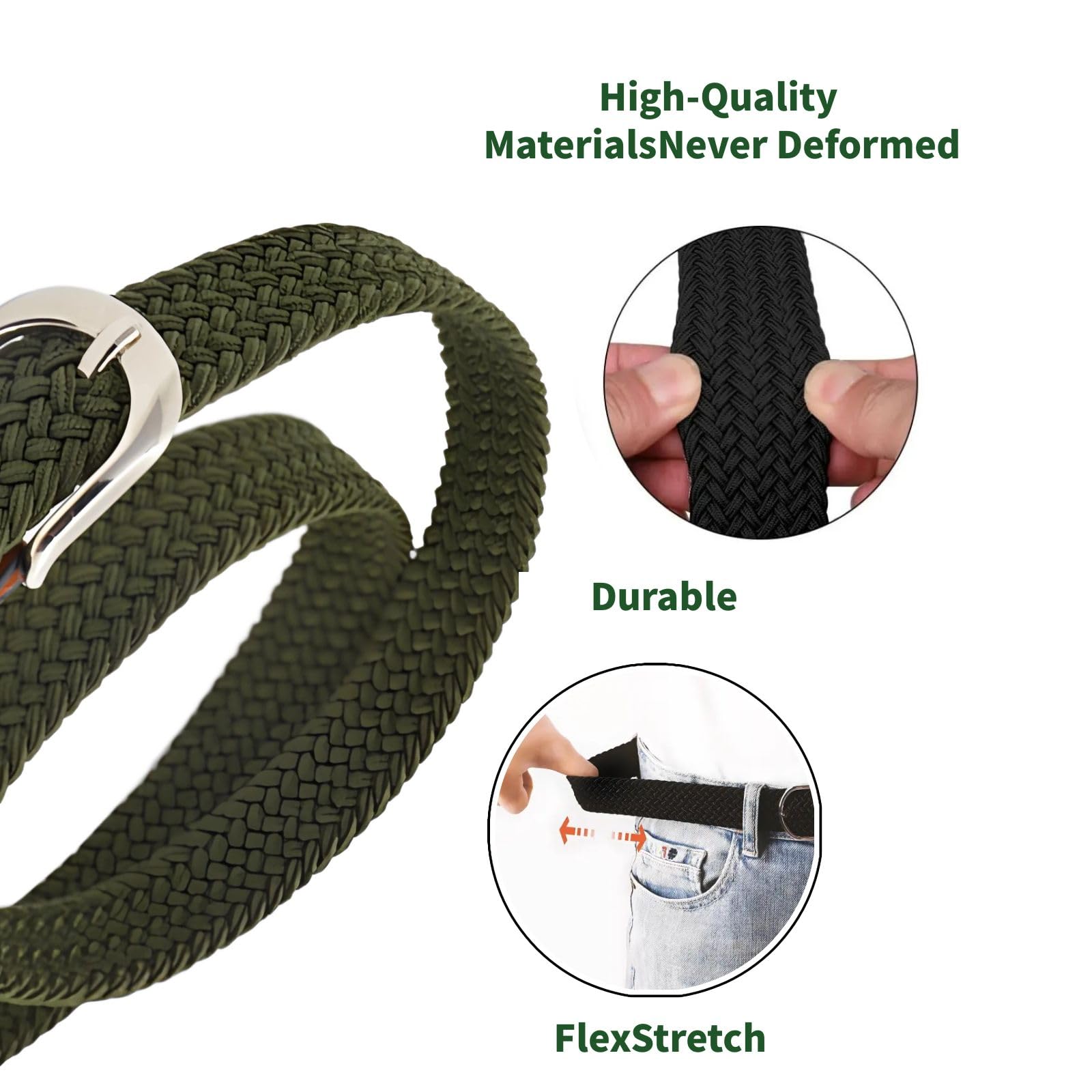 Ceinture Tressée Renforcée Grandes Tailles - Double Boucle 130-160cm(51-63") 220g Léger Sport/Bureau Green