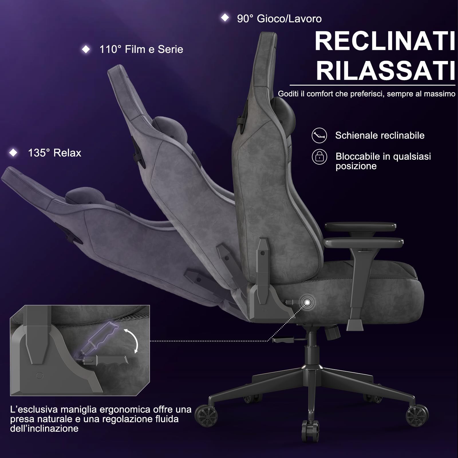 Devoko Sedia da Gaming Ergonomica in Pelle Scamosciata, Poltrona da Ufficio Gamer Reclinabile 90°-135°, Braccioli 3D Regolabili, Base in Metallo, Ruote Silenziose, Portata 180kg, Grigio Antracite