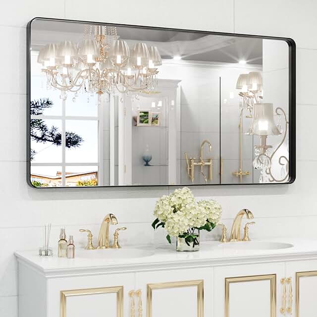 WEER Black Metal Frame Bathroom Mirror, 55x30 Inch Black Bathroom Vanity...