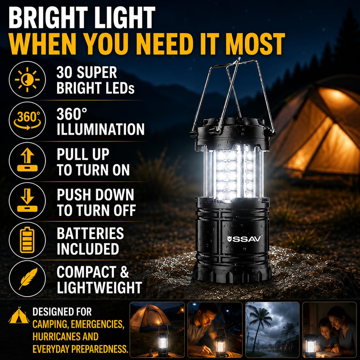 SSAV Paquete de 2 faroles LED de camping, linternas de emergencia para cortes de energía y preparación para huracanes, luces de supervivencia portátiles plegables para camping, tormentas y emergencias