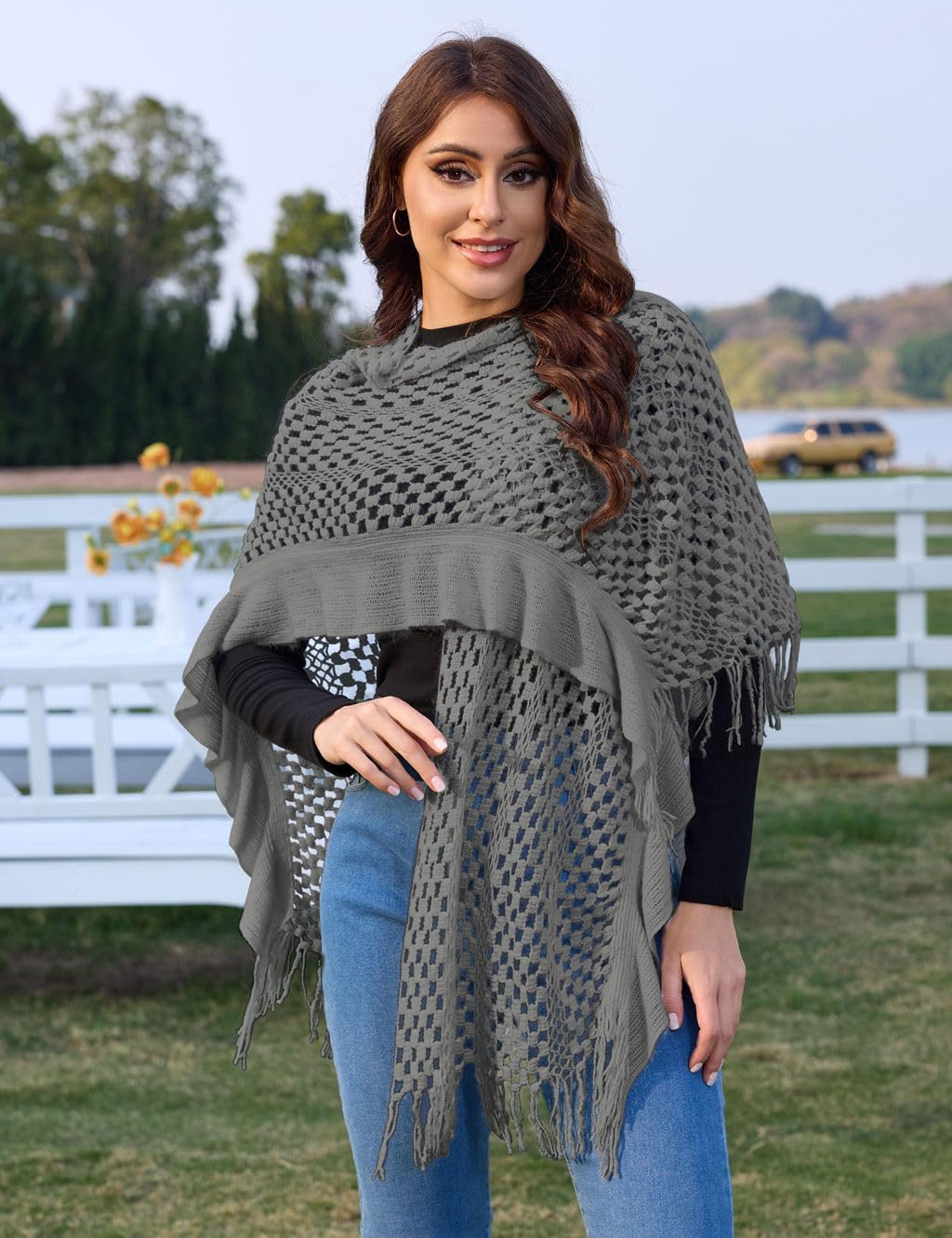 Ferand Women's Lightweight Ruffle Shawl Wraps Open Front Crochet Fringe Poncho Cardigan for Spring and Summer - Image 4