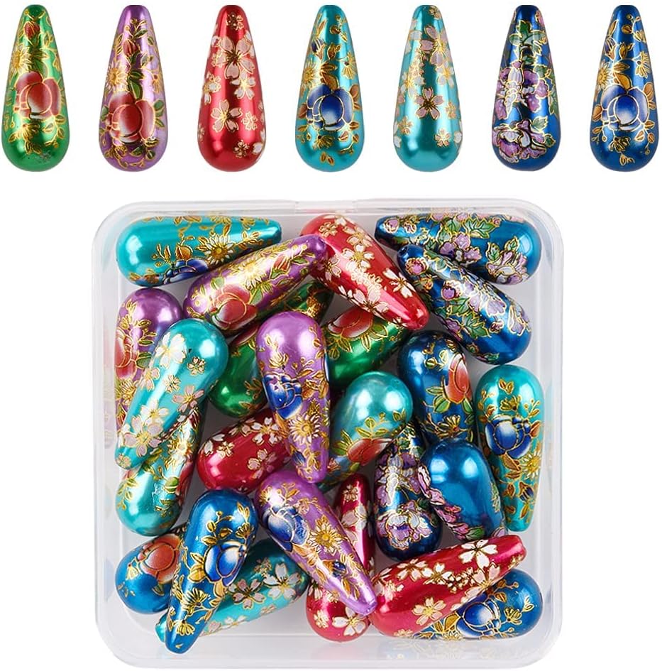 Aipridy Tonbotama Sakura Beads Part Attached Cherry Blossom Pattern Beads Handcrafted Angel Teardrop Beads by Japanese Color Painting for Charm Jewelry Making (13X33mm, Mixed Color)