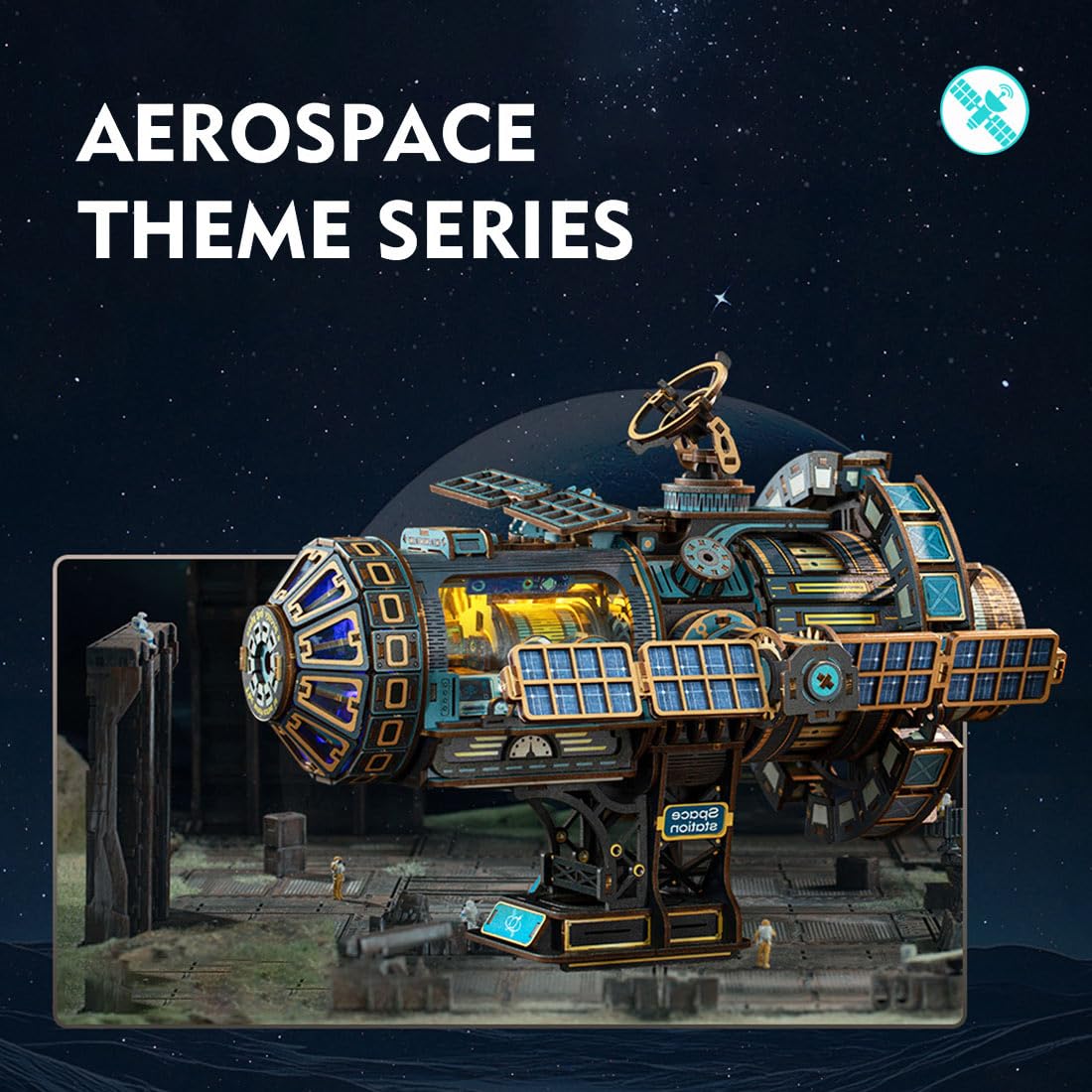 Kit di modellini di stazione spaziale fai da te, set di costruzione meccanica 3D in legno con luce ambientale, modello creativo di assemblaggio astronave per display da tavolo (511 pezzi)