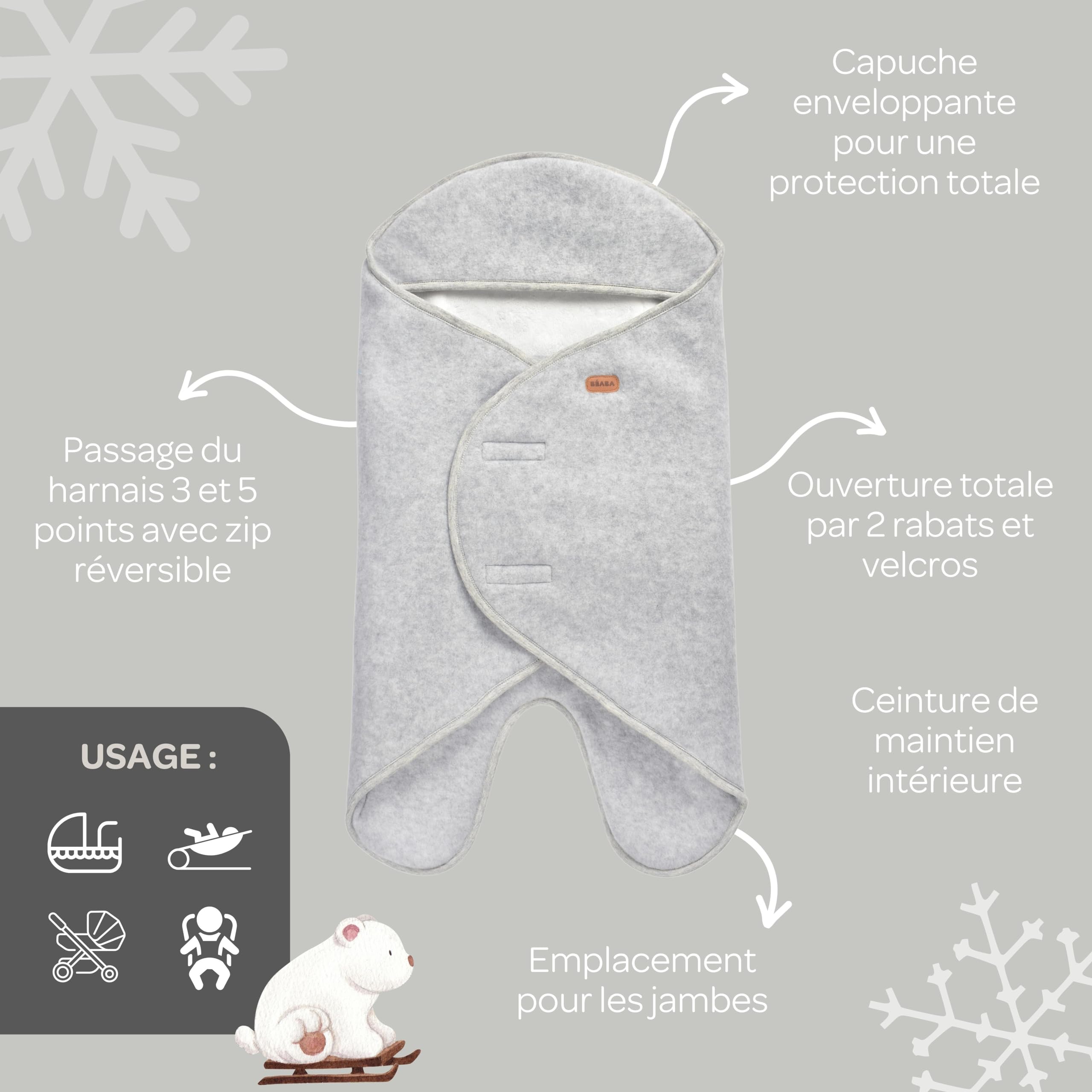 BÉABA, Babynomade Double Polaire, Couverture enveloppante Hiver bébé, Compatible Siège Auto/Pousette/Nacelle/Transat, Douce, Chaude, Déperlante, Respirante, Passage Harnais, Gris Chiné/Blanc,0-6 Mois