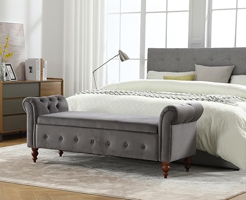 Banco otomano de almacenamiento de terciopelo, banco de 63 pulgadas para dormitorio con botones copetudos y brazo enrollado, banco de cama largo