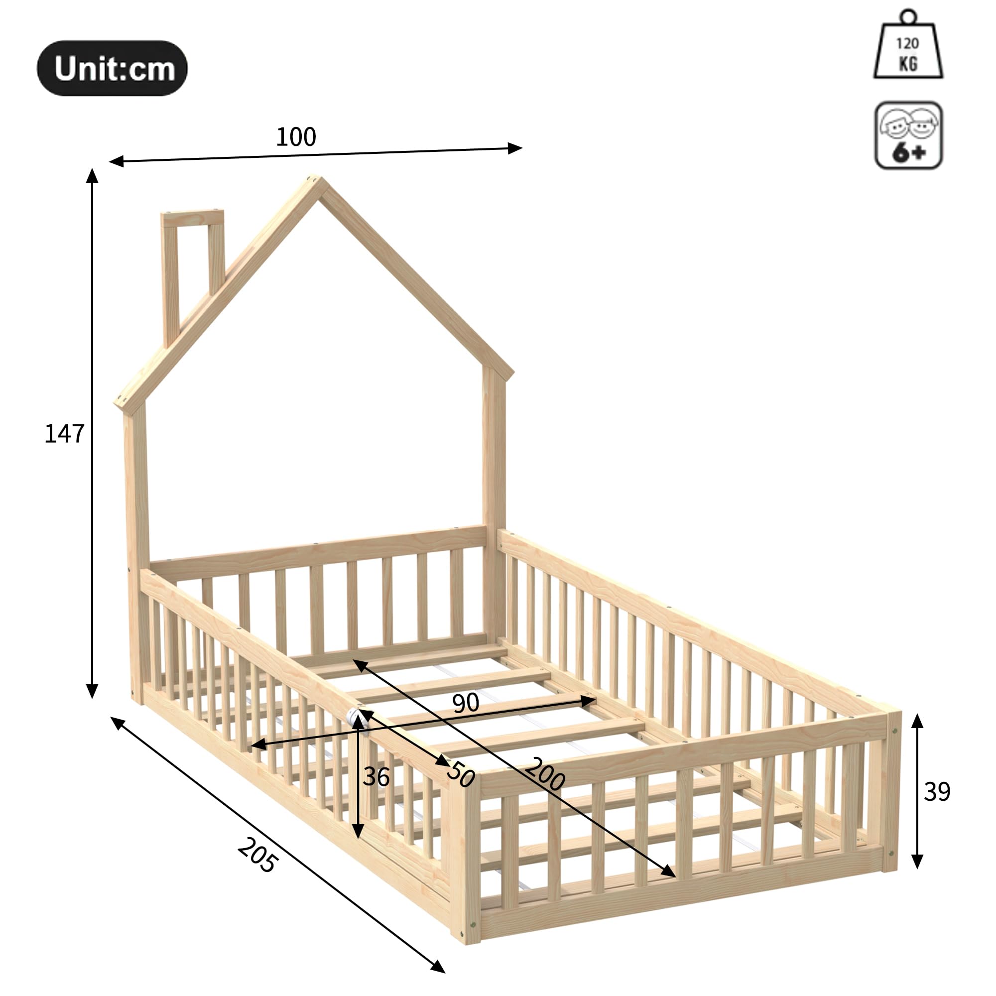 LAKFEW Cama Montessori Infantil 90x200 cm con Barandilla y Diseño de Chimenea, Cuna Cama Bebe Niño Niña con Listones de Madera, Cama Suelo Criança Individual, Natural, Sin Colchón