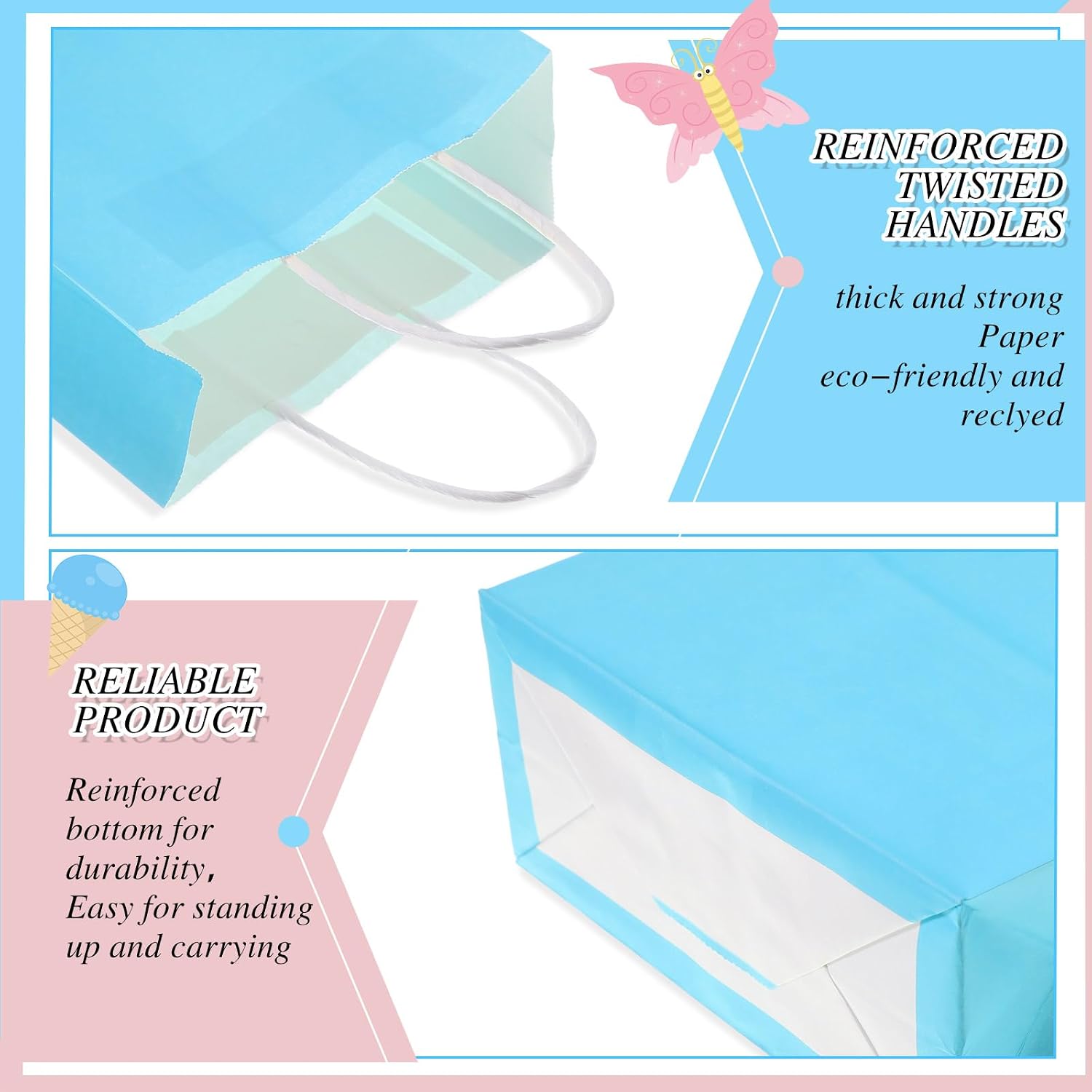 Skyygemm 64 Pcs Paper Gift Bags Bulk with Handle, 8.66 x 6.3 x 3.15 Inch Kraft Goodie Present Bags for Wedding Birthday Party Favor Supplies(Pink and Blue) image 3