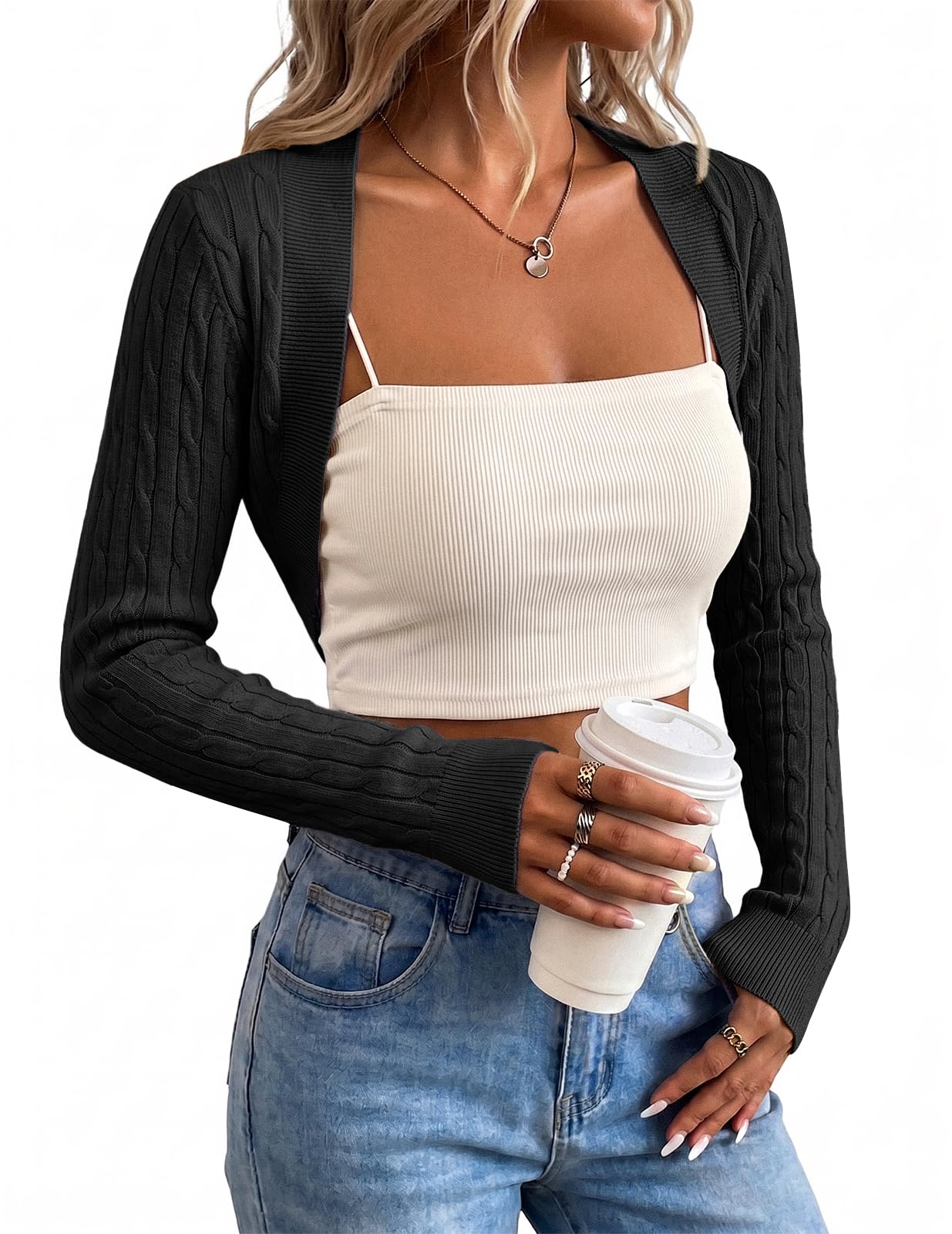 Cropped Cardigan for Women Bolero Shrug Long Sleeve Open Front Lightweight Knit Short Sweater Outerwear Shrugs for Dresses