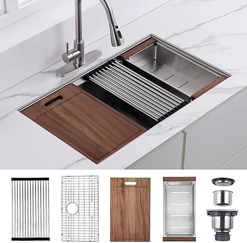 Hausinluck Fregadero de cocina con estación de trabajo de 30 pulgadas, moderno fregadero de cocina de acero inoxidable empotrado de calibre 18,