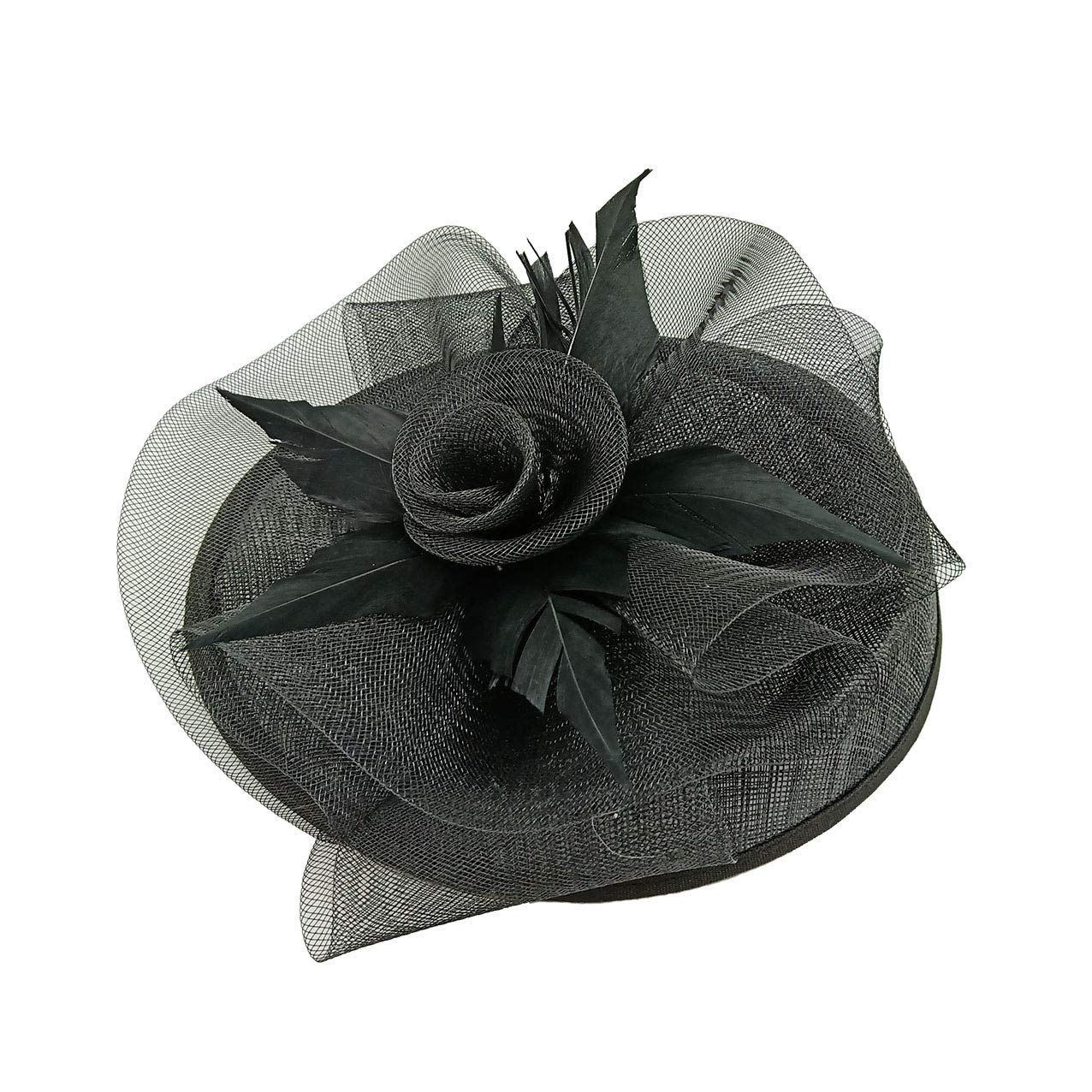 Finecy In Small Flower Feather Hat Fascinator Headband Clip Wedding Royal Ascot Race (Black)
