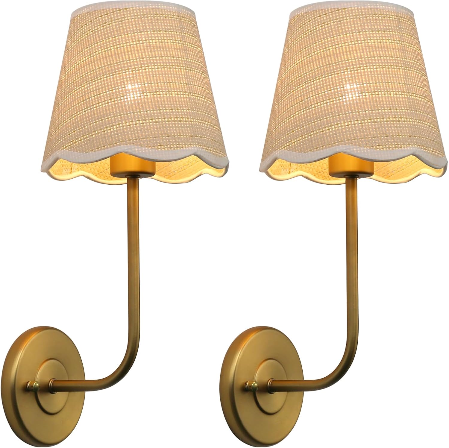 Pathson Set of 2 Wall Sconces Boho Rattan Lampshade, Hardwired Bathroom Vanity Lights Curved Arm, Handwoven Rattan Wall Painting Lamp Decor for Living Room Bedside Lighting