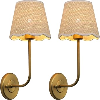 Pathson Set of 2 Wall Sconces Boho Rattan Lampshade, Hardwired Bathroom Vanity Lights Curved Arm, Handwoven Rattan Wall Painting Lamp Decor for Living Room Bedside Lighting