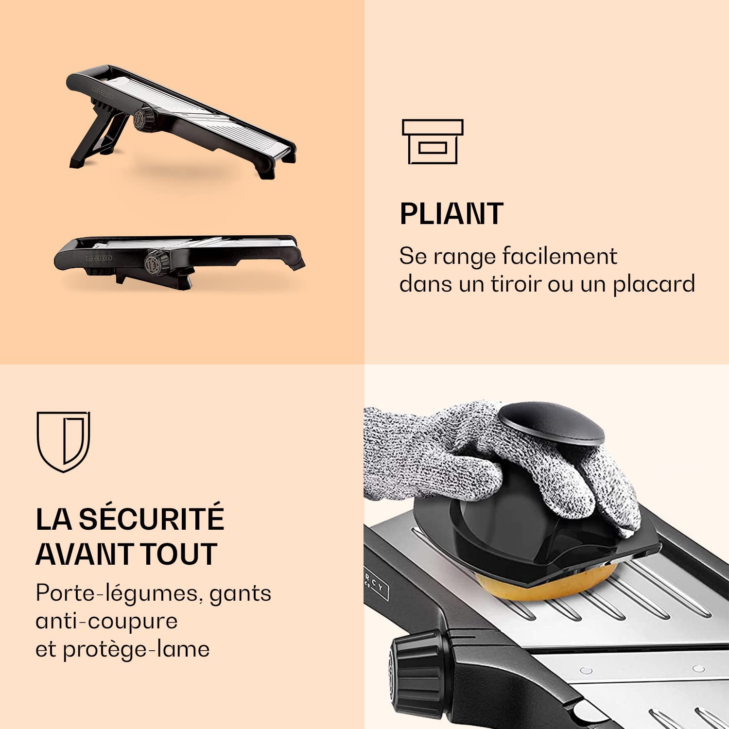 Gramercy Kitchen Co. Mandoline réglable en acier inoxydable Livré avec une paire de gants résistants aux coupures hachoir à légumes hachoir à oignons trancheuse de pommes de terre frites julienne