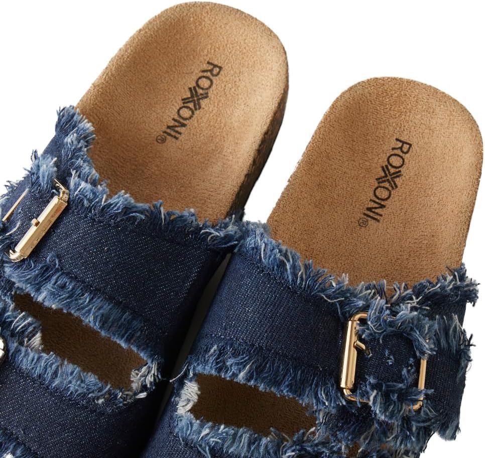 Roxoni Women's Comfort Flat Sandals Double Buckle Adjustable Straps Flat Slides Footbed Suede - Image 3