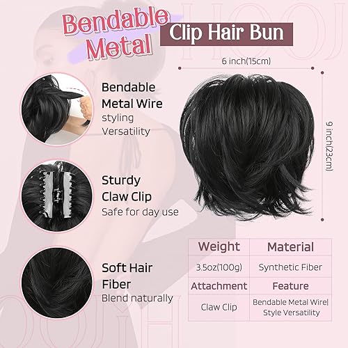 Miniatura 2 de HOOJIH Moño desordenado, moño de pelo lacio con clip de garra, extensión de cola de caballo corta de 9 pulgadas con alambre de metal flexible para