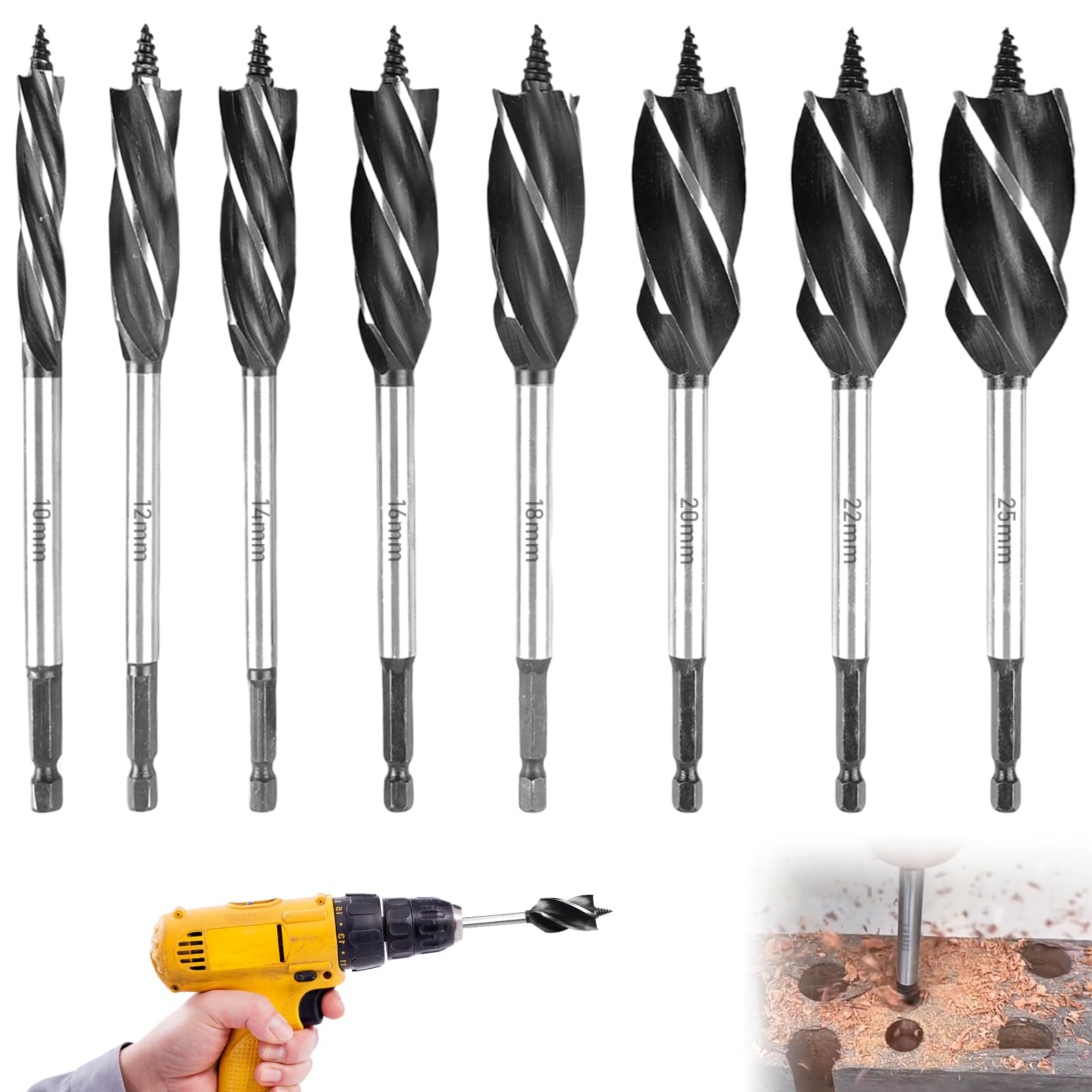 Juego de 8 brocas profesionales para madera, brocas de serpiente con alimentación automática (10-25 mm), juego de brocas para madera para carpintería, construcción de muebles y artesanía