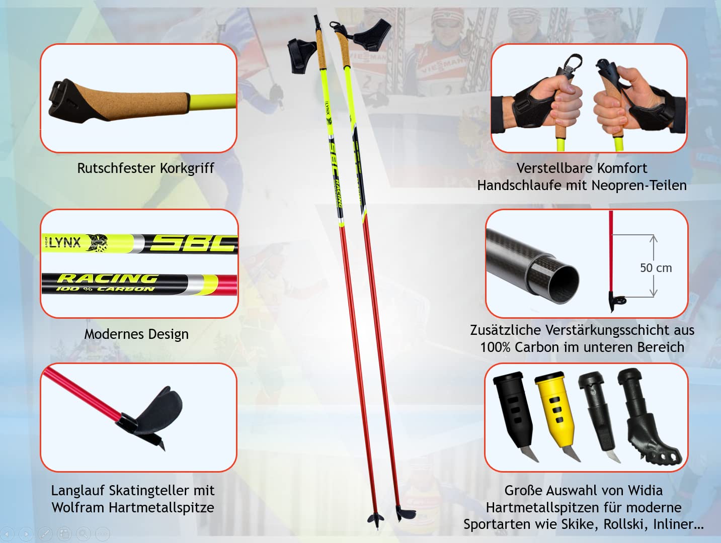 Racing 100% Carbon Langlaufstock Skating Rollski Skiroller Stöcke Nordic Blading Skike (Widia Spitze mit Gummipads)