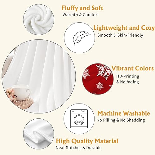 Miniatura 3 de YeeJu Manta decorativa de Navidad, manta de copo de nieve rojo y blanco para sofá, cama, suave, acogedora, ligera, mullida, manta de forro polar de
