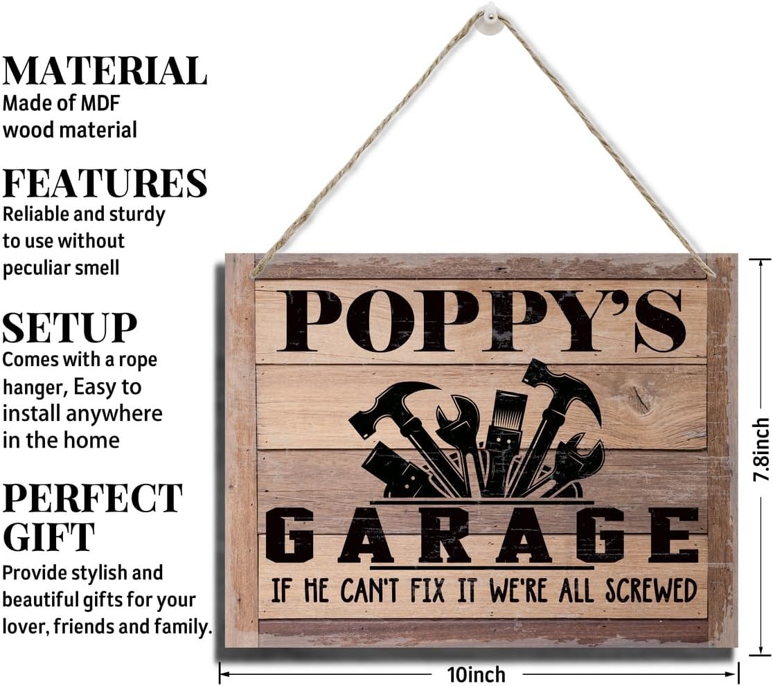 Rustic Sign, Father's Day Gift, Dad's Gift, Grandpa's Gift, Decor Hanging Wood Signs, Printed Wood Wall Art Sign, Poppy's Garage, If He Can't Fix It We're All Screwed, Vintage Sign Gift for Grandpa - Image 2