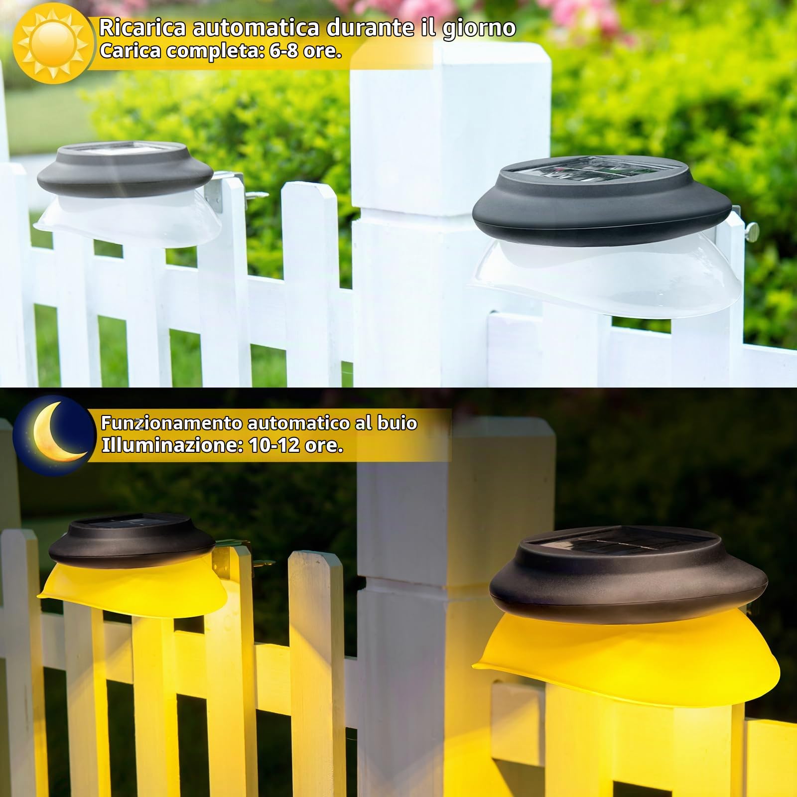 AGOTD Luce Solare LED Esterno, Luci Solari Grondaia, IP55 Impermeabili Bianca Calda da giardino, Lampade Solare Esterno, per Patio, Vialetto, Cortile, Garage, Eave, Recinzioni 6 Pezzi