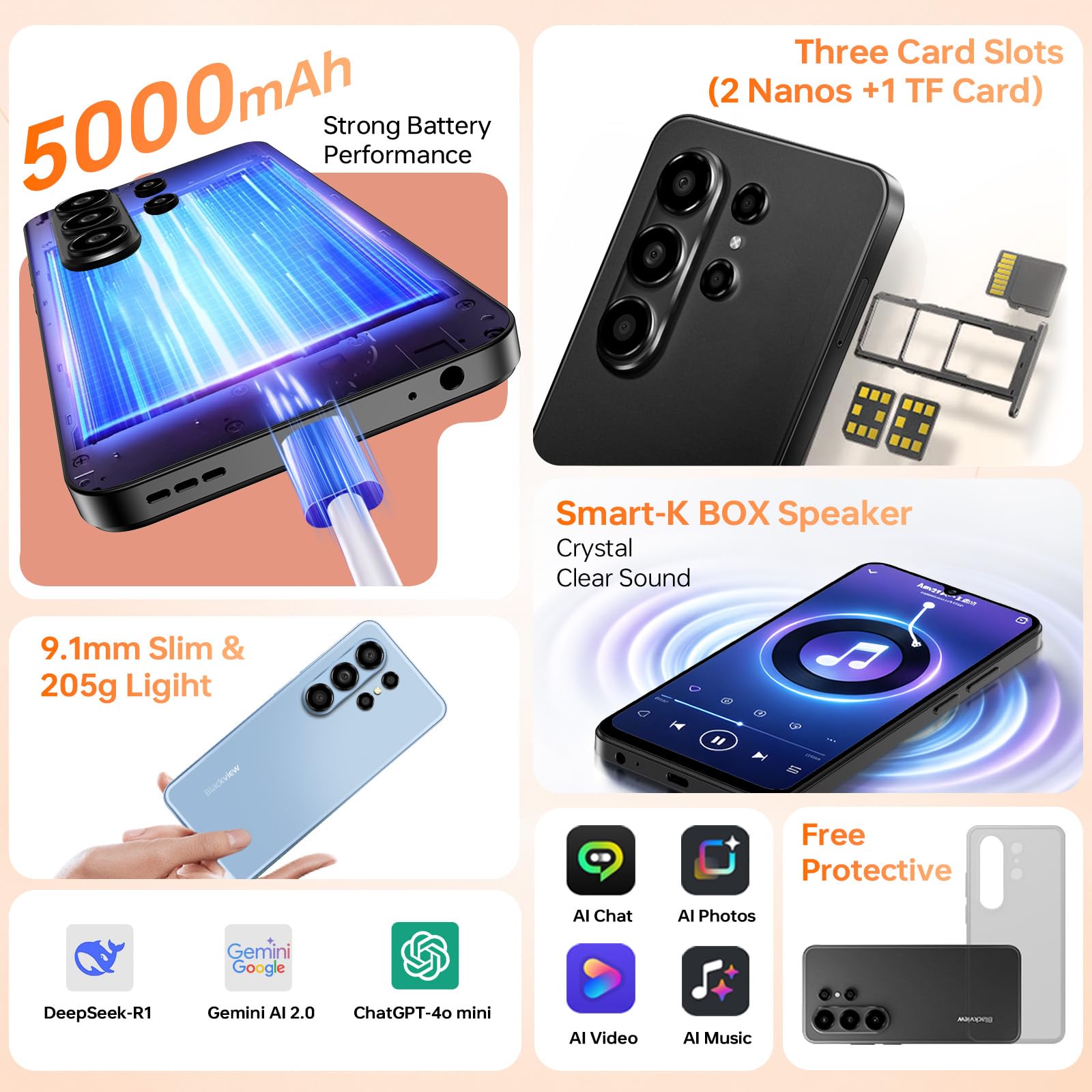 Blackview WAVE 10C Smartphone Offerta Android 16, 6.88'', 16GB+32GB/1TB | 32MP+13MP Telefono Cellulare in Offerta, 5000mAh, Telefoni 4G Dual SIM/Face ID/3 Slot/3.5mm Jack/OTG