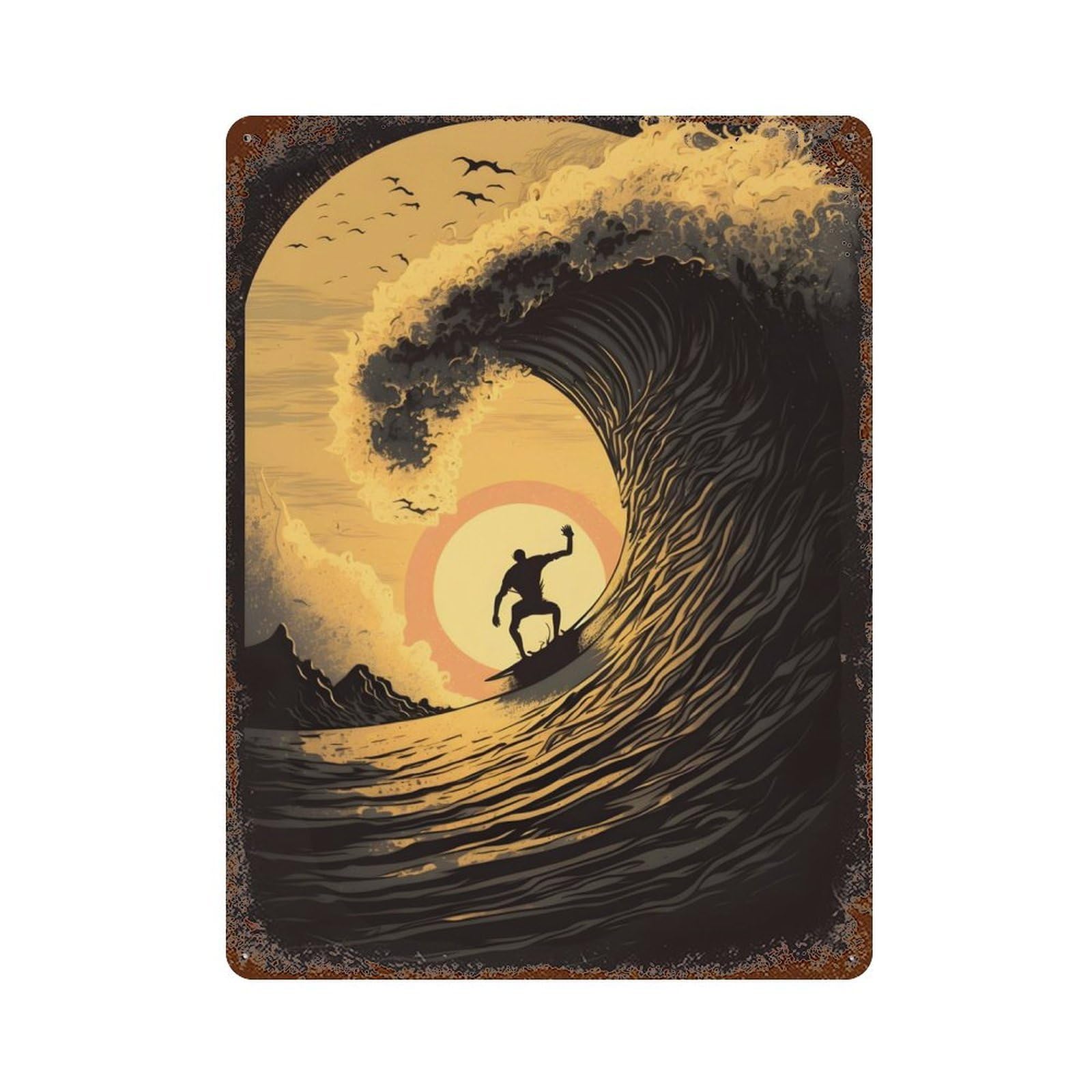 Sunset Surfer Rusty Metal Tin Sign 15.7"x11.8", Ideal for Farmhouse, Kitchen And Entryway Decor