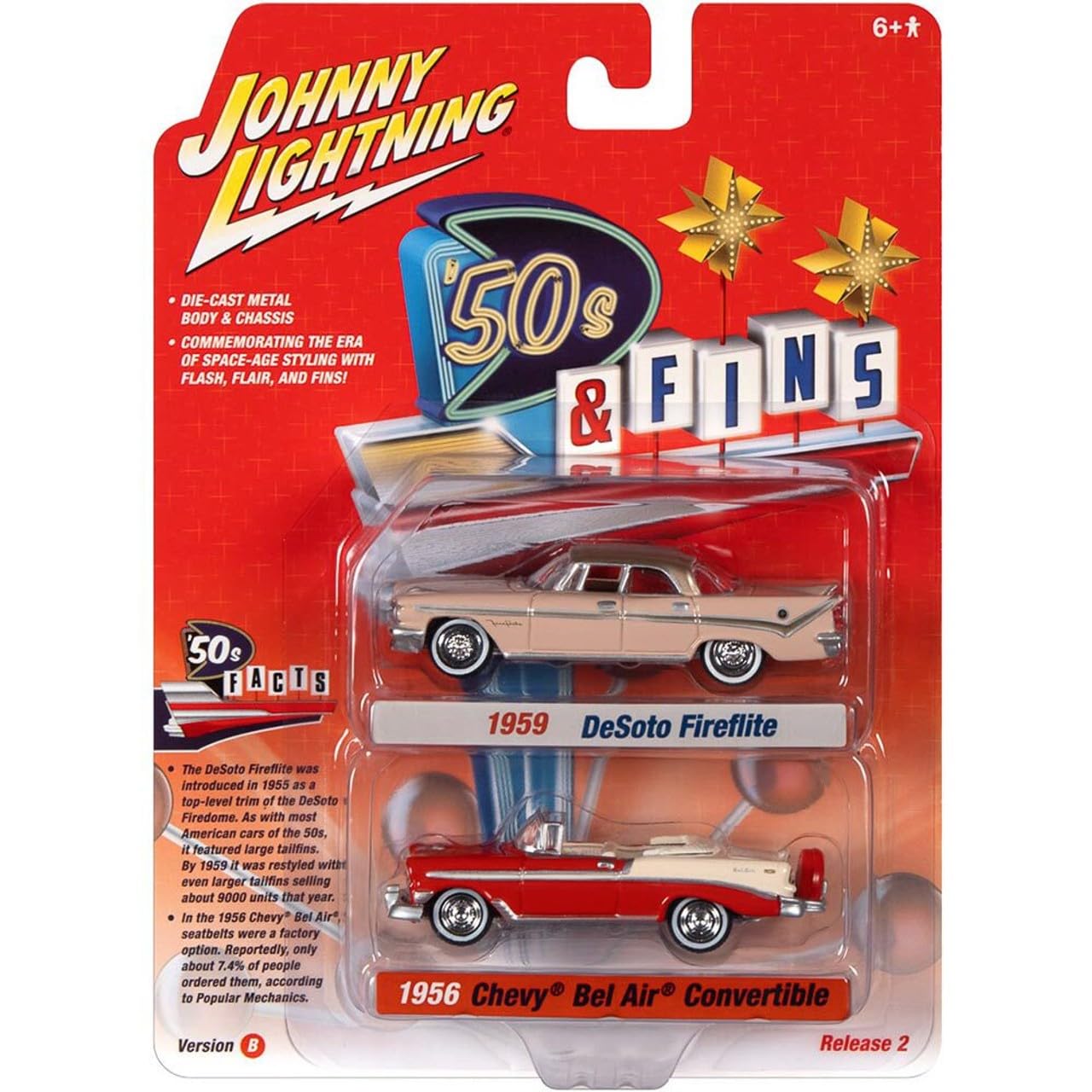 Johnny Lightning 1:64 Scale 50's & Fins 1959 Desoto Fireflite Pink and 1956 bel Air Convertible Red JLPK018 Version B
