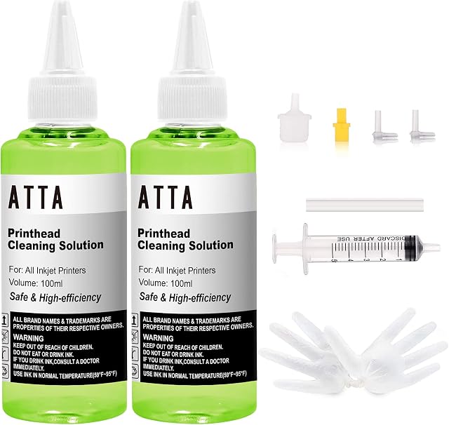 ATTA Printer Head Cleaner Kit for All Inkjet Printers, Powerful Printer Nozzle Cleaning Kit for EP Canon Brother HP Lexmark Kodak Samsung, 100ml ( 2-Pack )