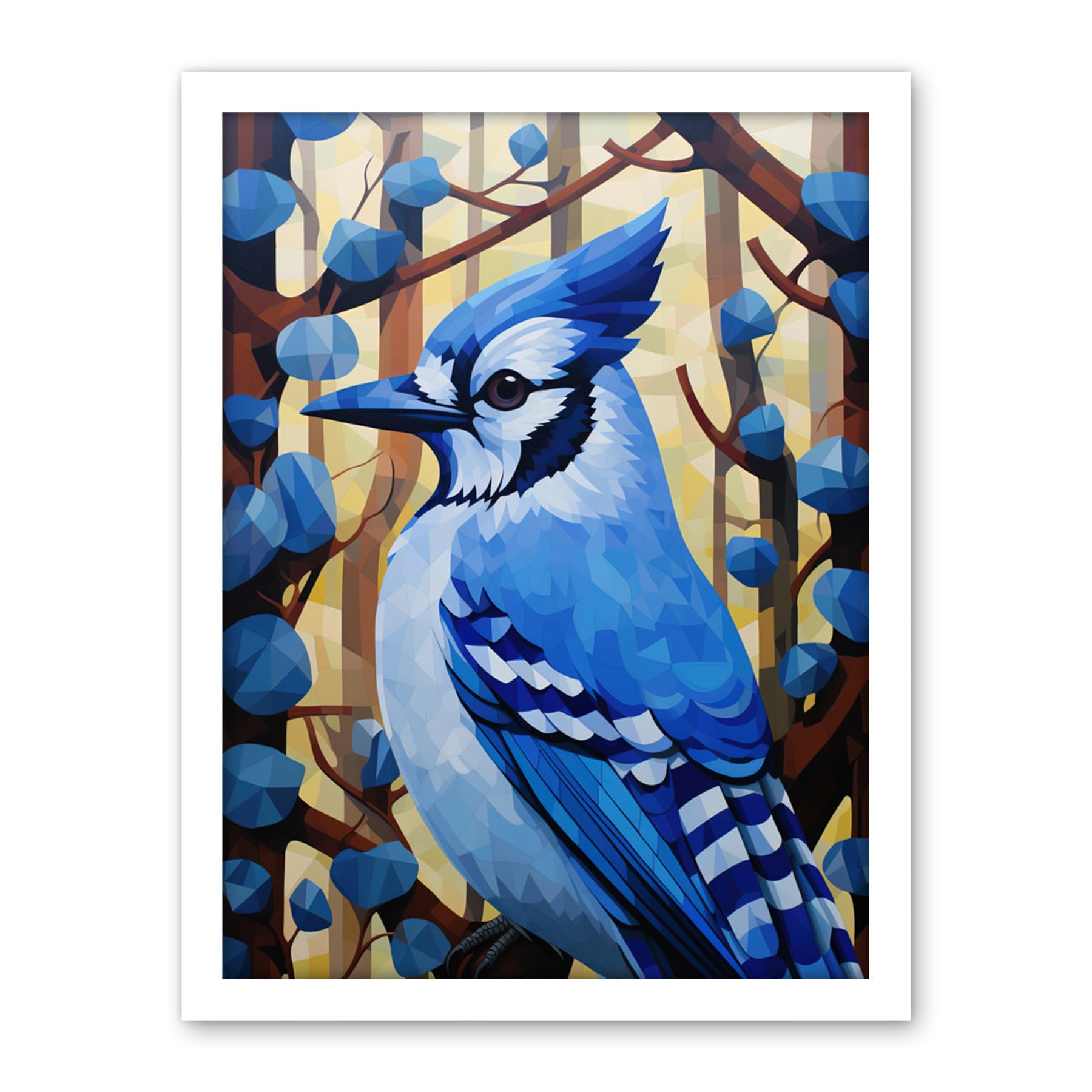 Artery8 Blue Jay Geometric Artwork Wild Bird Perched on Tree Polygonal Forest Landscape Artwork Framed Wall Art Print 18X24 Inch
