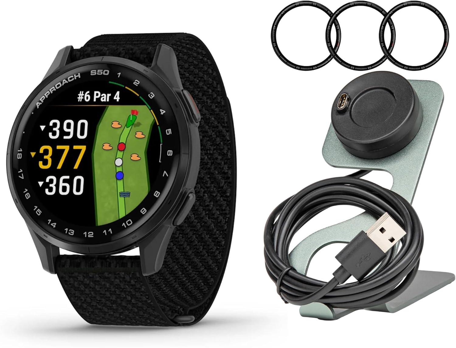 Garmin Approach S50 GPS AMOLED Golf Smartwatch (Slate Aluminum Bezel, Black Nylon Band) Bundle with Focus Camera Charger Stand and Focus 9H Tempered Glass Screen Protector Film (3-Pack) (3 Items)