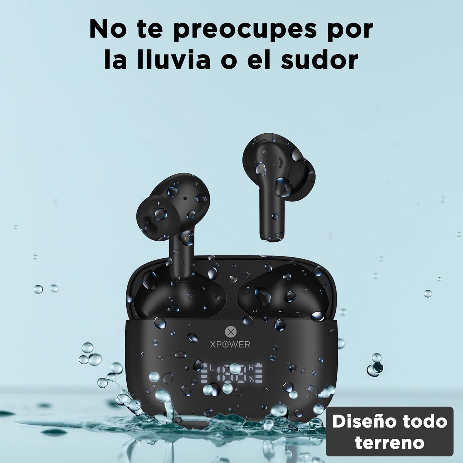 XPOWER X12 earbuds and charging case with water droplets, illustrating water resistance.