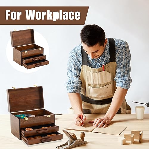 Miniatura 3 de Weysat Mini caja de herramientas de madera de 14 pulgadas con 2 cajones y almacenamiento superior, baúl de herramientas pequeño portátil con