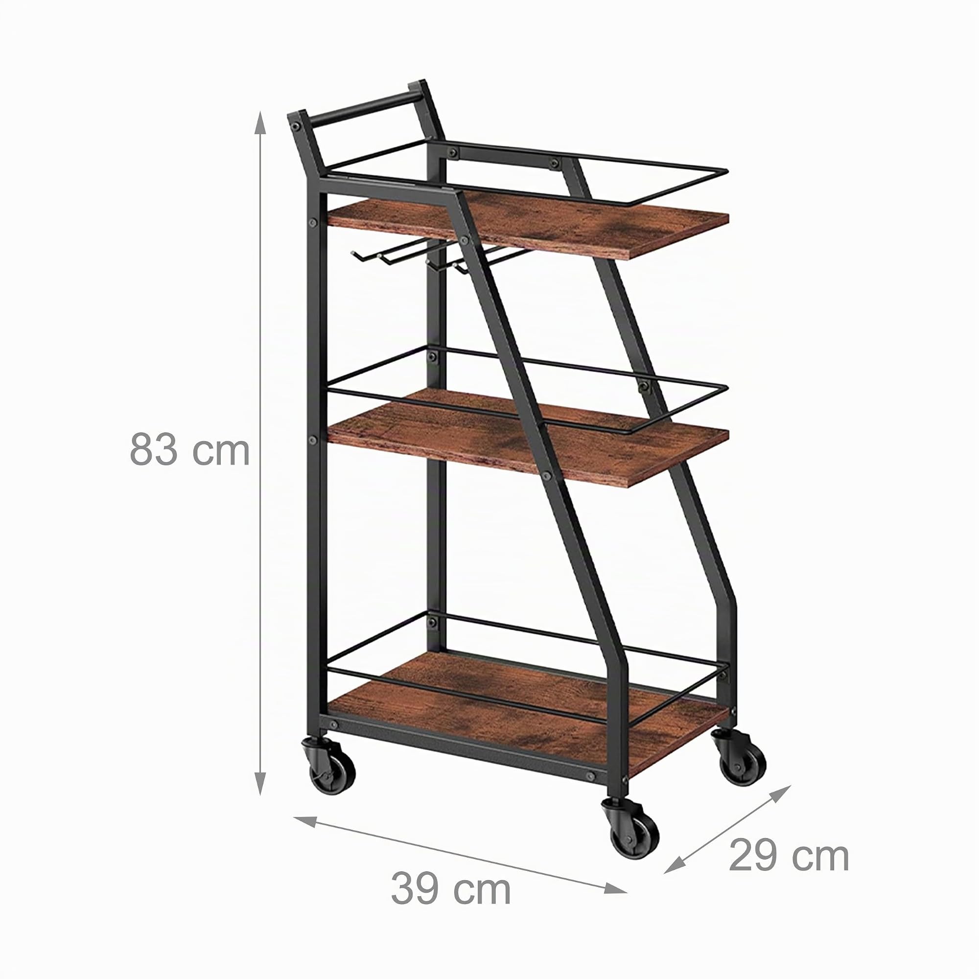 Relaxdays Carrello da Cucina 3 Ripiani, portabicchieri, Stile Industriale, su Ruote, HBT 83x39x29