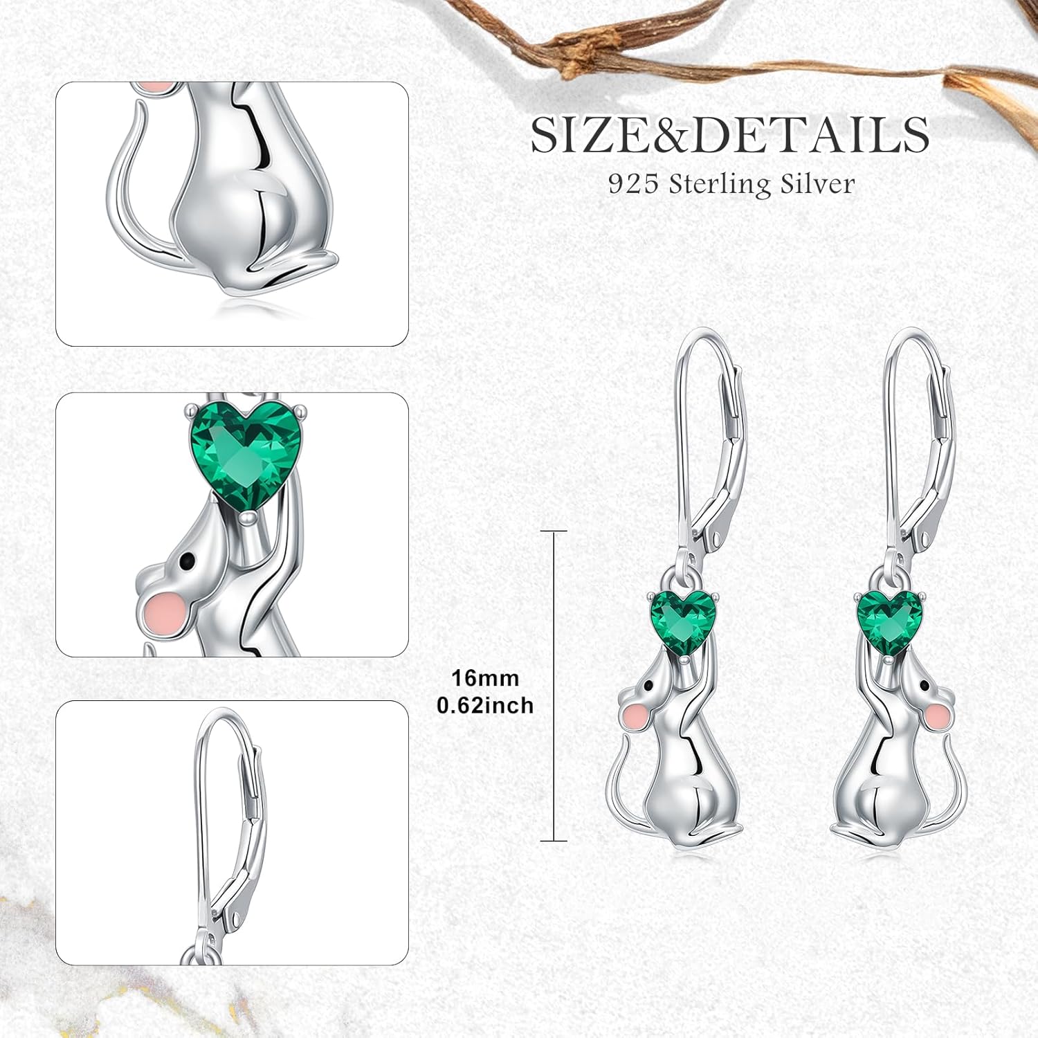 LONAGO Mouse Earrings 925 Sterling Silver Cute Mouse with Green Heart Drop Dangle Earrings - Image 5